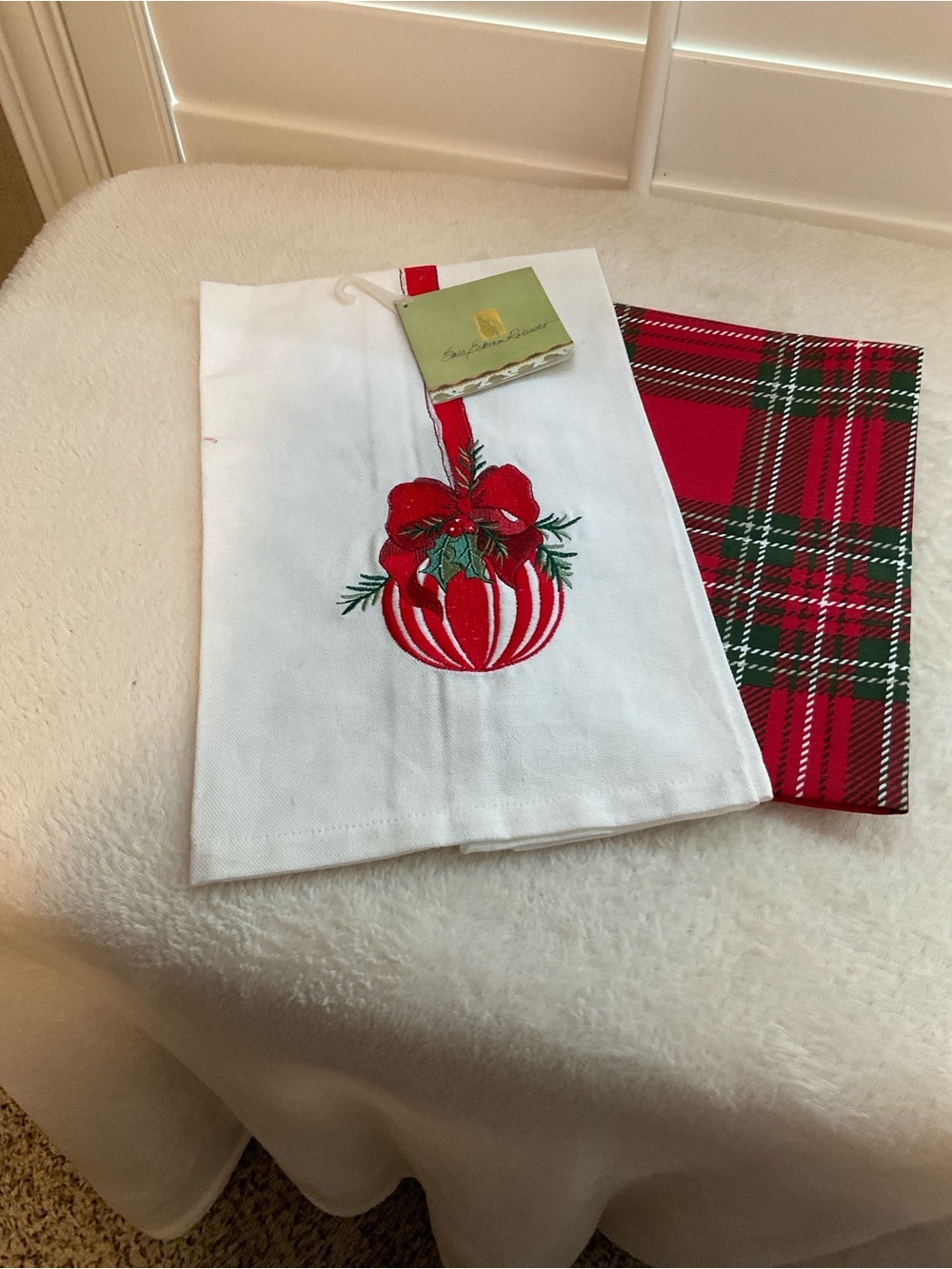 Holiday Embroidered Red and White Ornament Kitchen Tea Towels